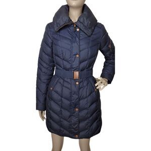 Navy Blue Quilted Down Waterfowl Feather Filled Marc New York Belted Puffer Coat